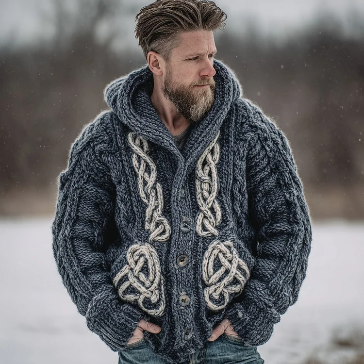 Men's Viking Celtic Knot Art Knit Button Hooded Sweater