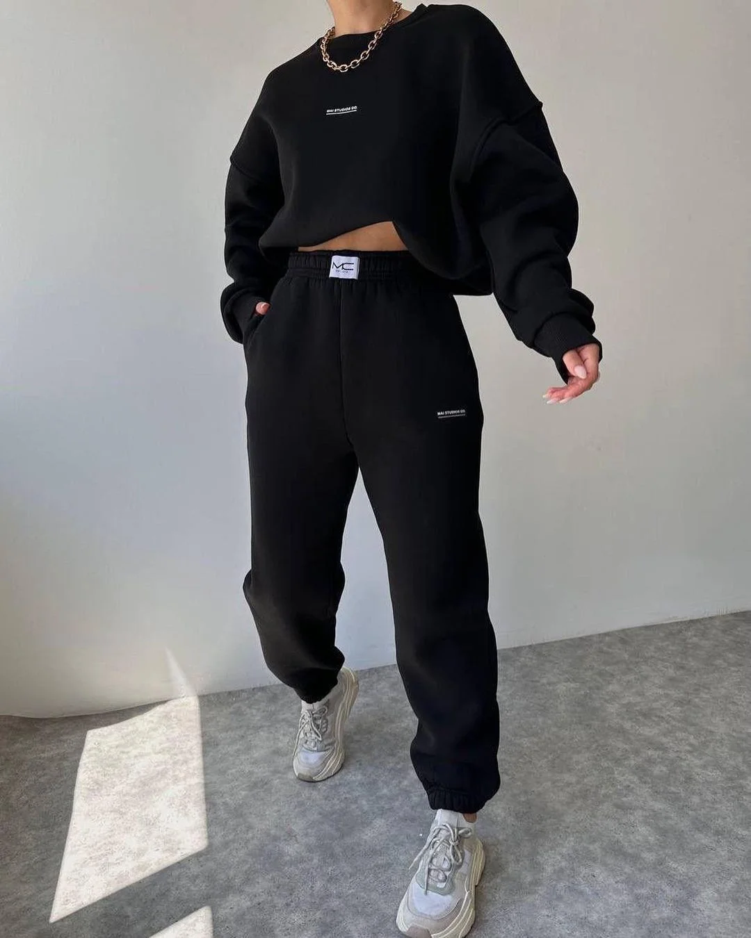 Churchf Churchf New Suit Of Long Sleeve Round Collar Casual Hoodie Elastic Sweatpants Two-Piece Set