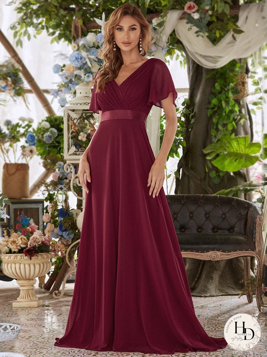Elegant Double V-Neck Ruffled Padded Evening Gowns