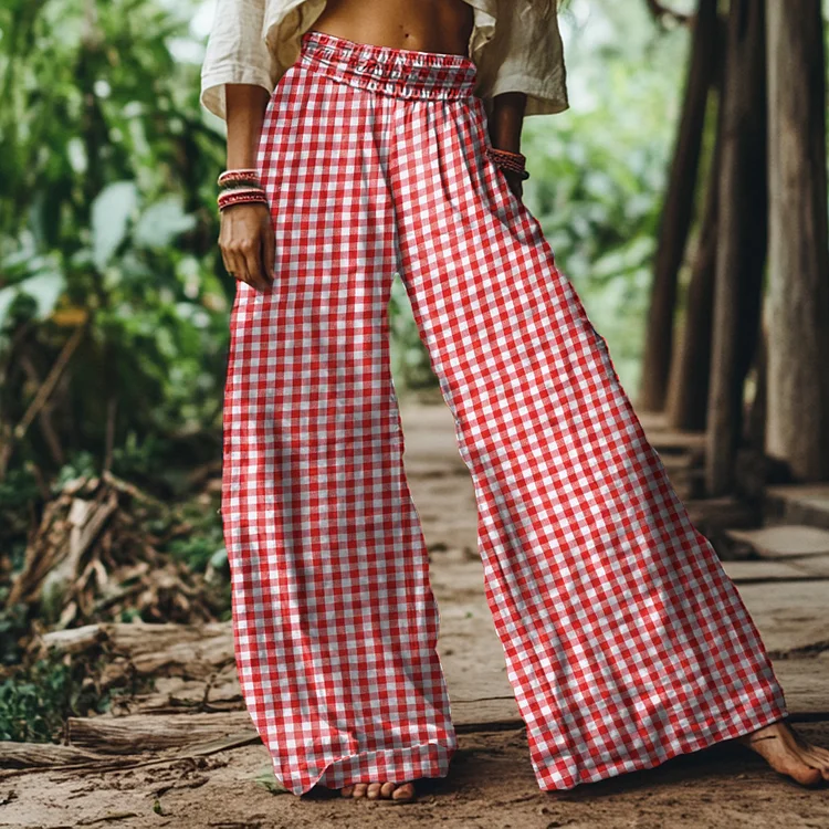 Vintage Pink Plaid Print Loose Wide Leg Pants