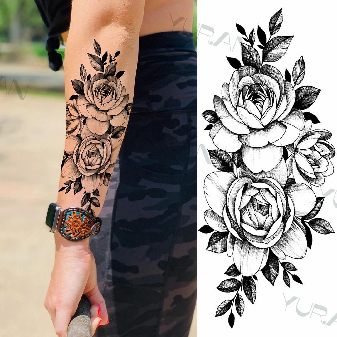 Black Large Snake Flower Fake Tattoo Sticker For Women Dot Rose Peony Temporary Tattoos DIY Water Transfer Tatoos Girls 1029