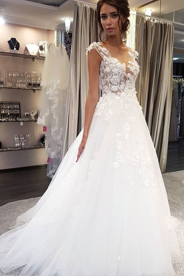  Lace Appliques Elegant White Long A Line Wedding Dress - ohprom