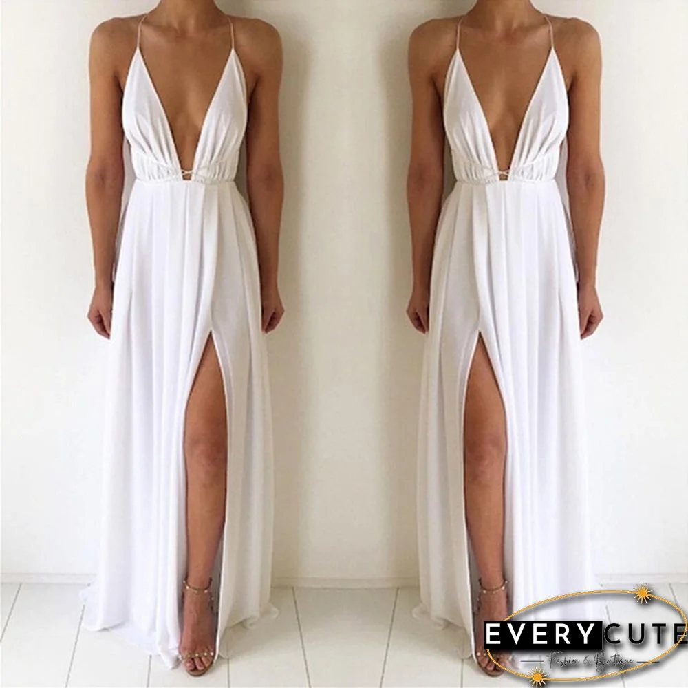 Women Fashion Sexy V-neck Sling Halter Chiffon Bohemian Split Sleeveless Solid Color Dress