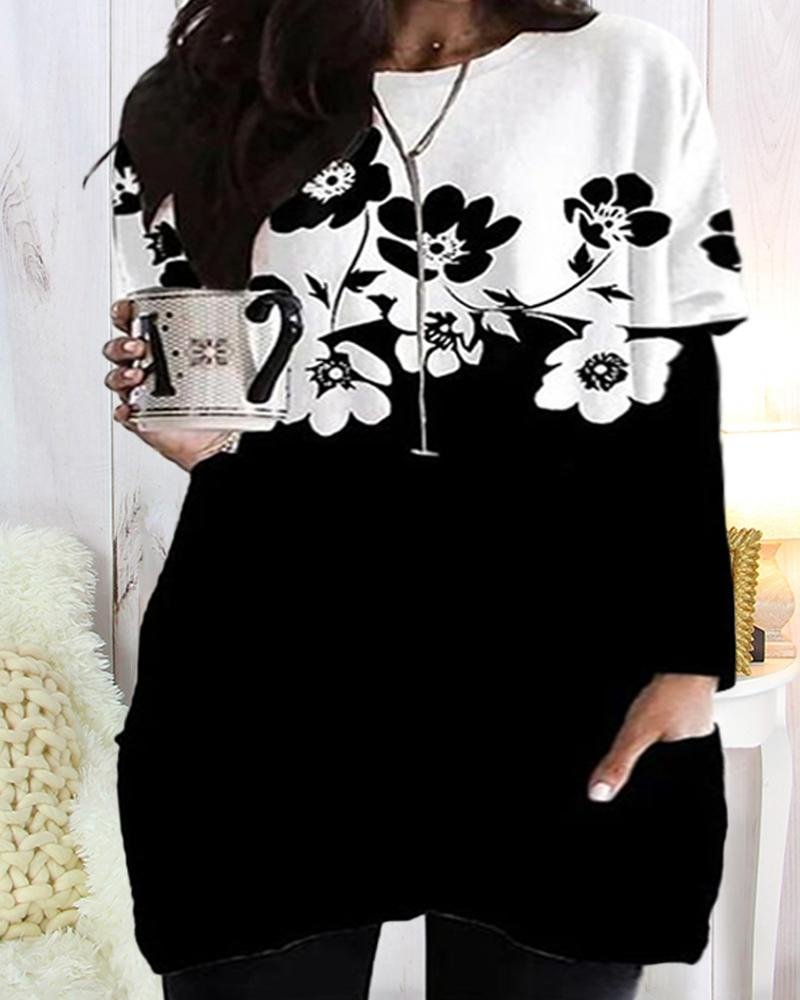Women's Color Stitching Flower Print Round Neck Long Sleeve Plus Size Top With Pockets