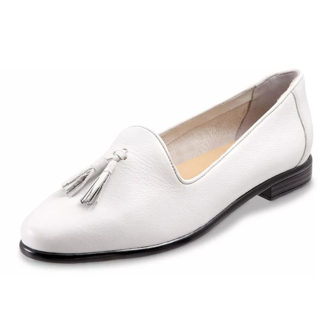 White Vegan Leather Almond Toe Tassel Accents Flat Shoes for Women