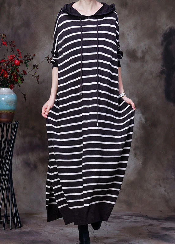 Elegant coffee drawstring Hooded Striped Knit Long Dresses
