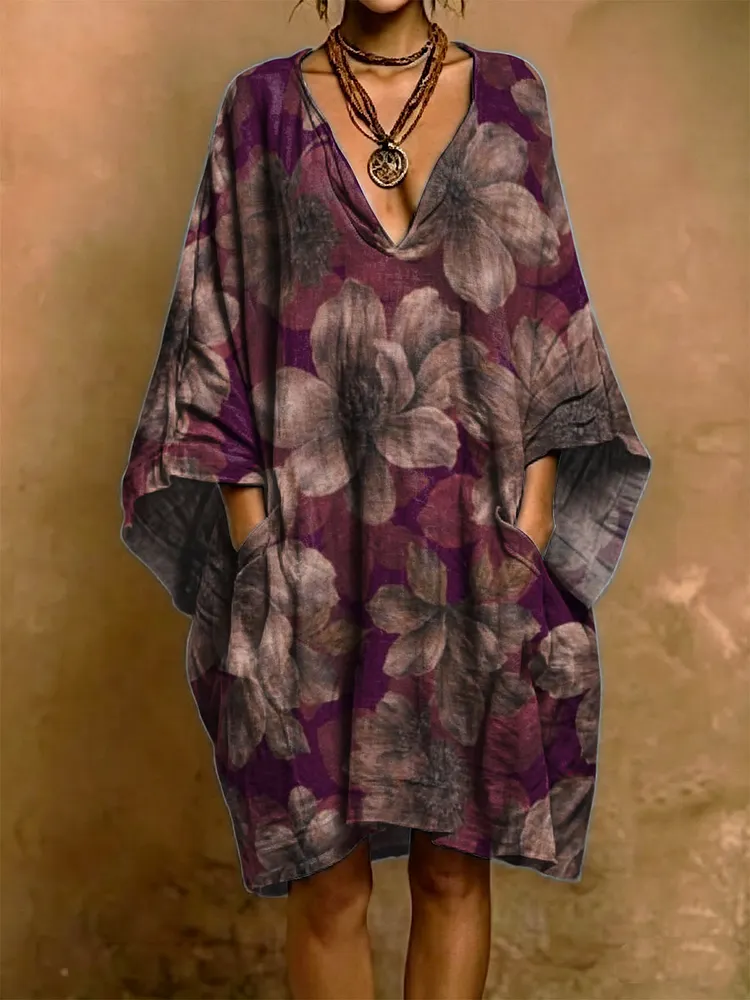 Retro Floral Decorative Pattern Woman's Short Sleeve Cotton-linen Dress