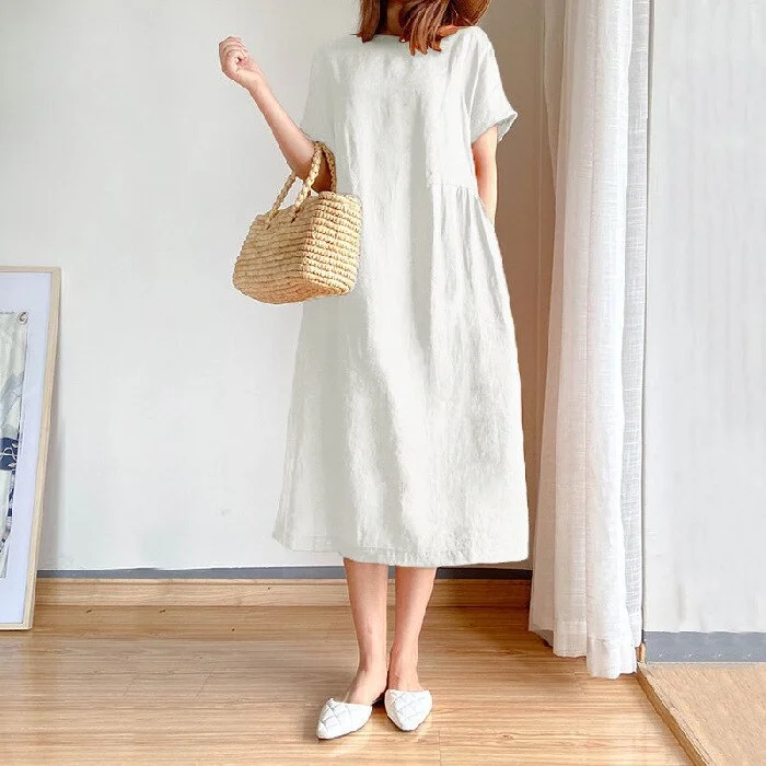 Women Cotton Linen Loose Dress Summer Fashion Female O-Neck Short Sleeve Solid Color Knee Length Sweet Dresses