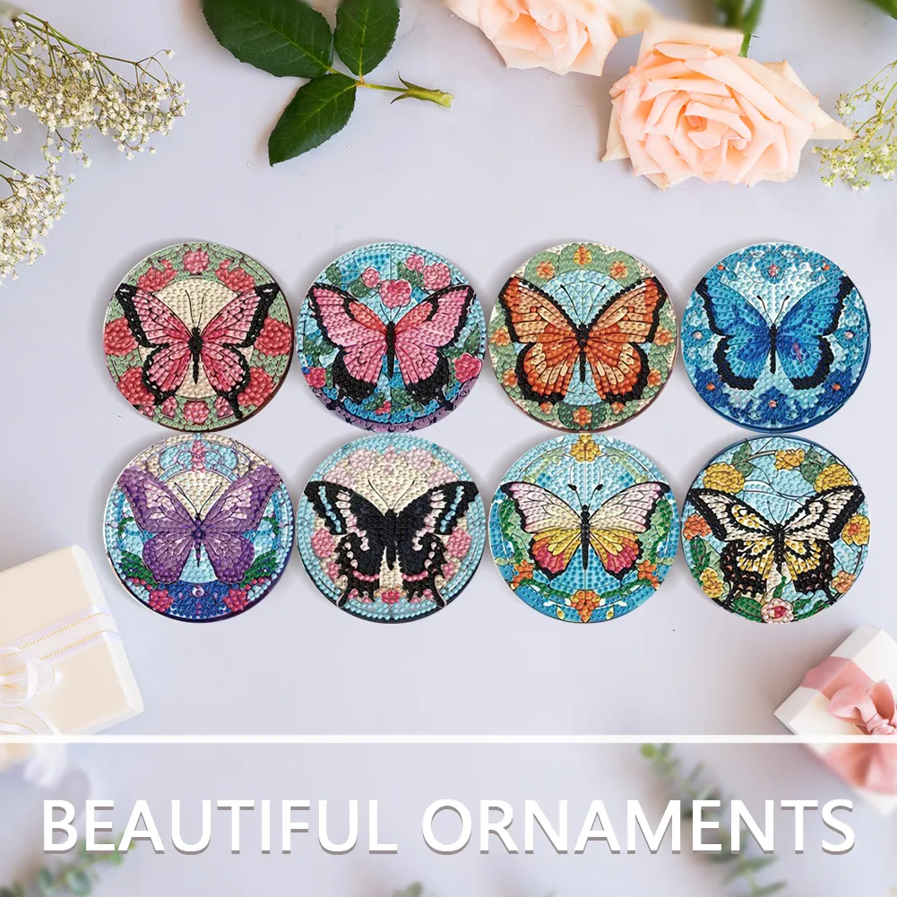 8pcs Butterfly DIY Diamond Painting Coasters Kits with Holder Wooden Coaster