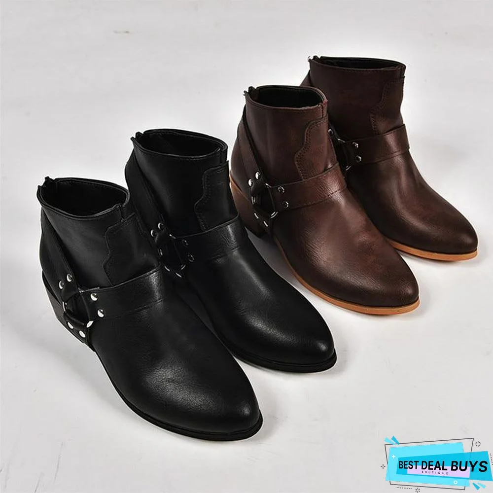 Women Boots Vintage Leather High Heels Shoes Bota Woman Autumn Short Boot Winter Buckle Daily Ankle Boots