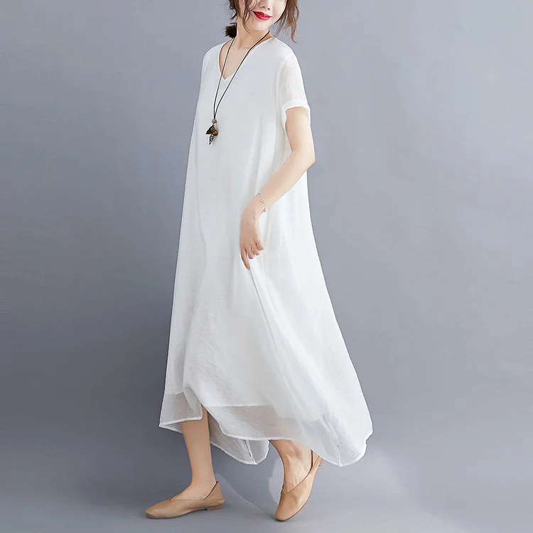 Loose Solid Color Short Sleeve V-Neck Midi Dress