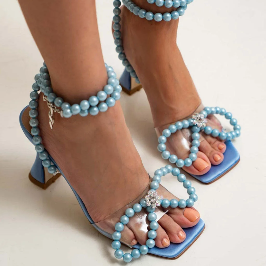 Sparkly Pearl Strap Unique High Heels Butterfly Sandals - Blue