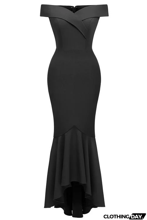 Dark Navy Off-the-shoulder Ruffled Prom Dress