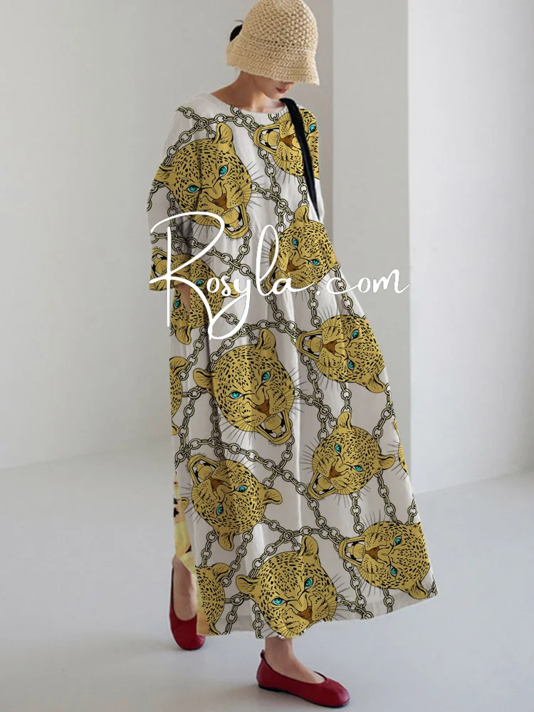 Women's Casual Art Leopard Print Long Sleeve Midi Dress