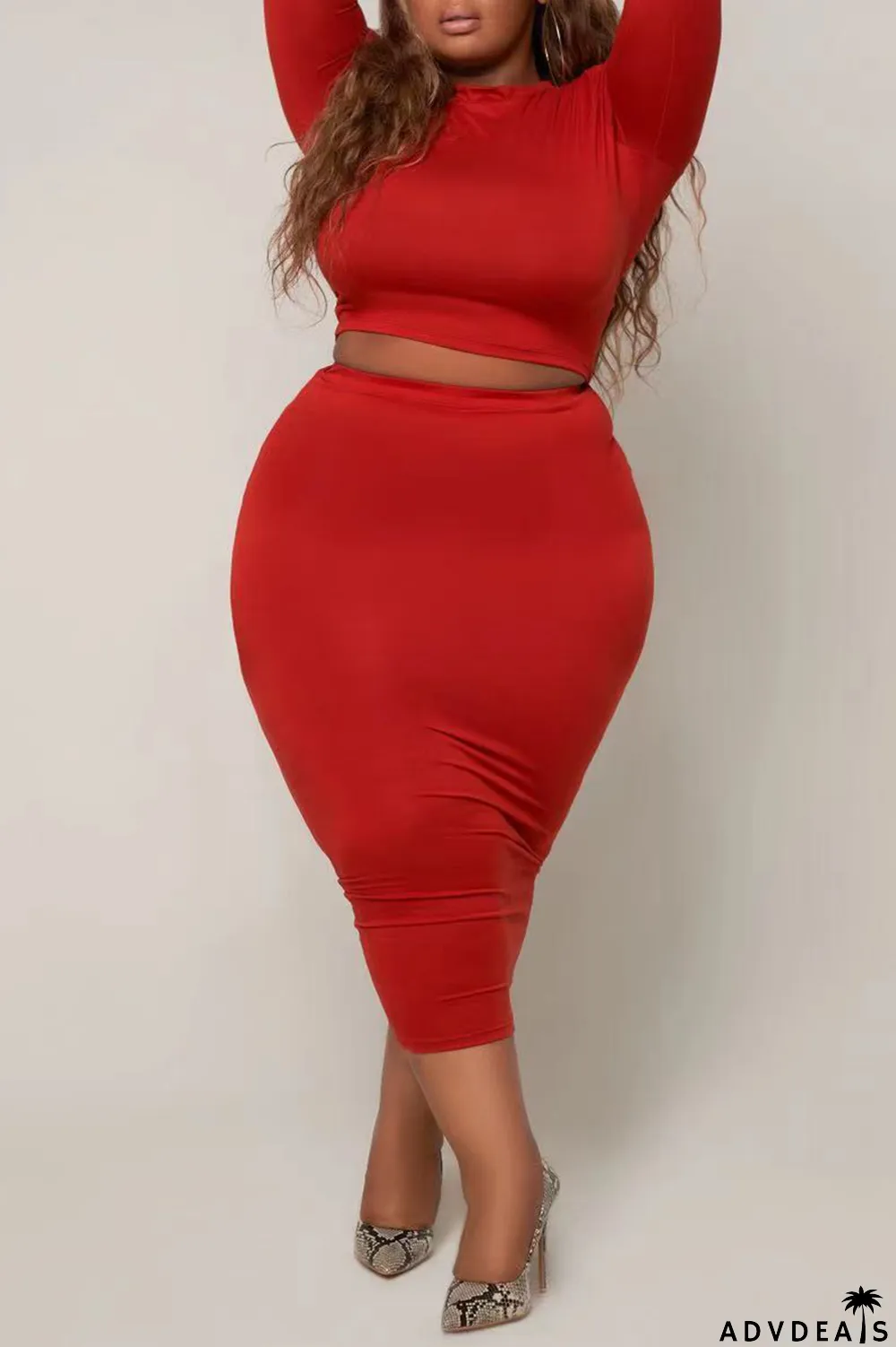 Red Casual Solid Split Joint O Neck Plus Size Two Pieces