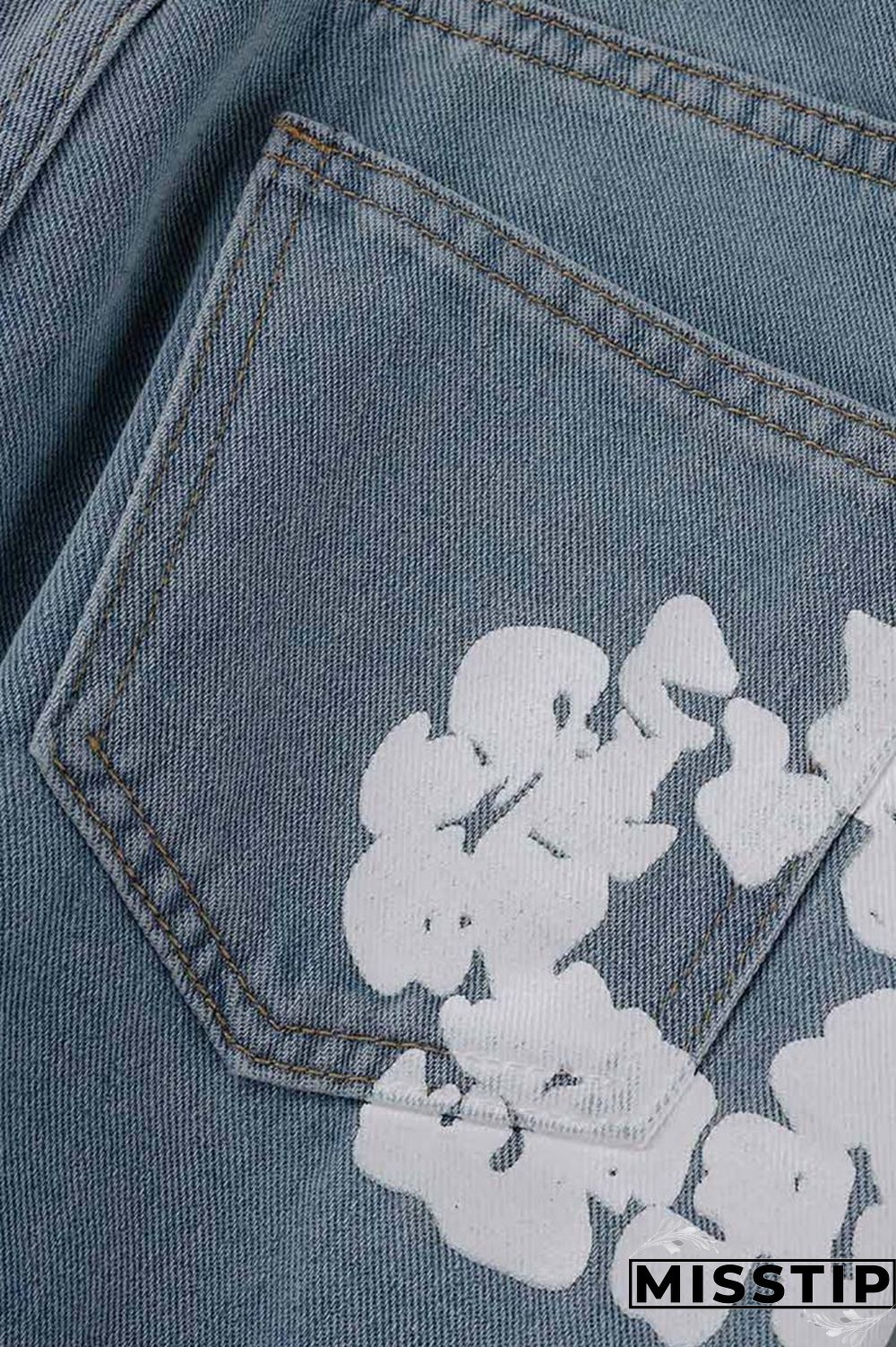 Blue Casual Print Patchwork High Waist Regular Denim Jeans