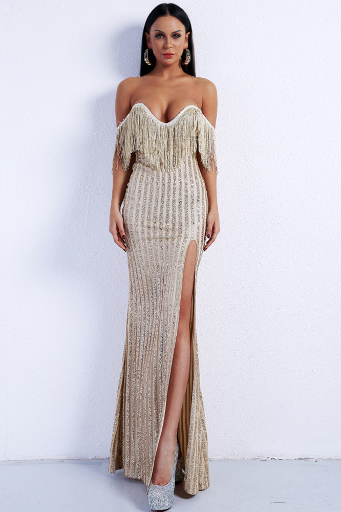 Off-the-Shoulder Sequins Tassles Prom Dress Mermaid Long Evening Gowns With Split - lulusllly