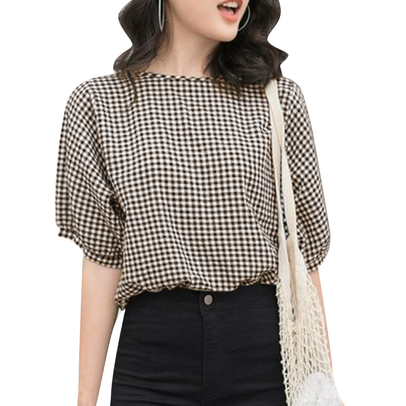 Vintage Shirt ZANZEA Summer O Neck Short Sleeve Blouse Women Plaid Checked Tops Elegant Casual Work Holiday Blusas Femme