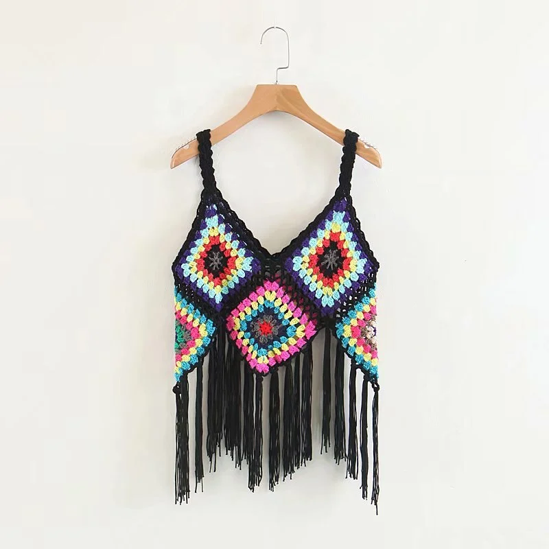 Hand crocheted knitting tassels summer tops hollow out black white patchwork crop top beach backless tank top bohemian camis
