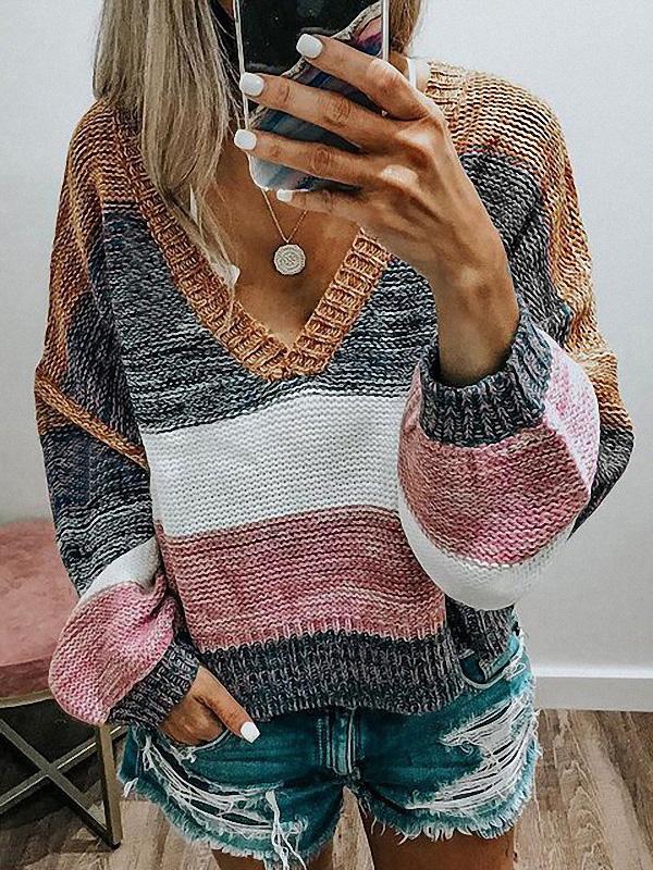 Women's Knitted Long Sleeve V-neck Sweater Top