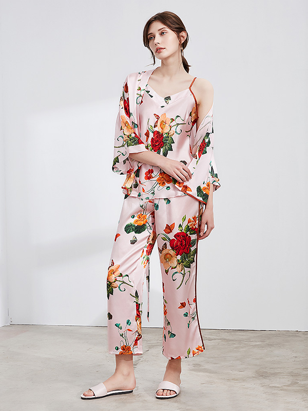 22 Momme Rose Printed Silk Pajamas Set | 3 Pcs Set