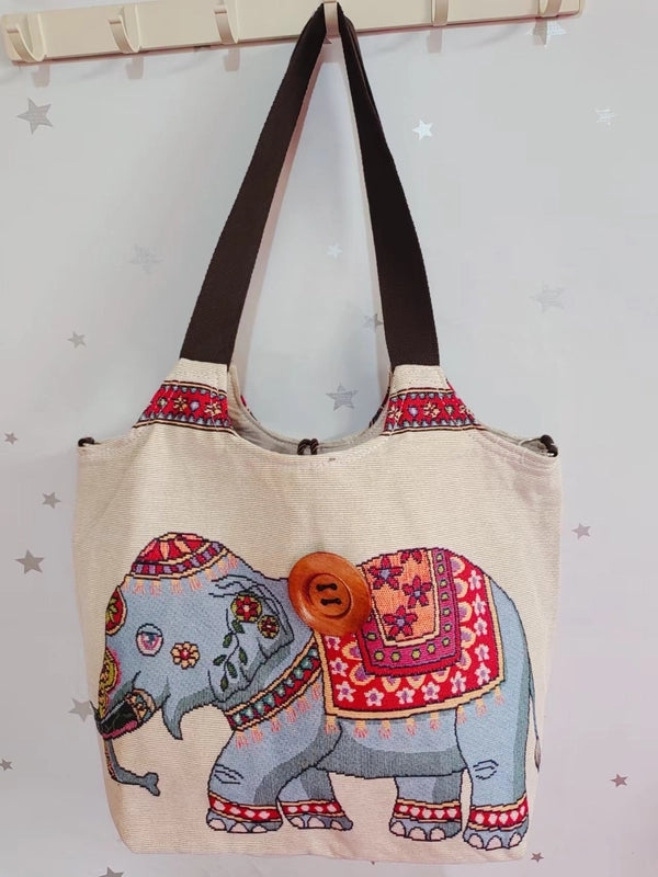 Women’s Large Canvas Elephant Ethnic Style Square Zipper Shoulder Bag