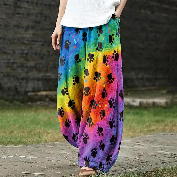Meow Tie-dye Rainbow Paws Print Casual Pants