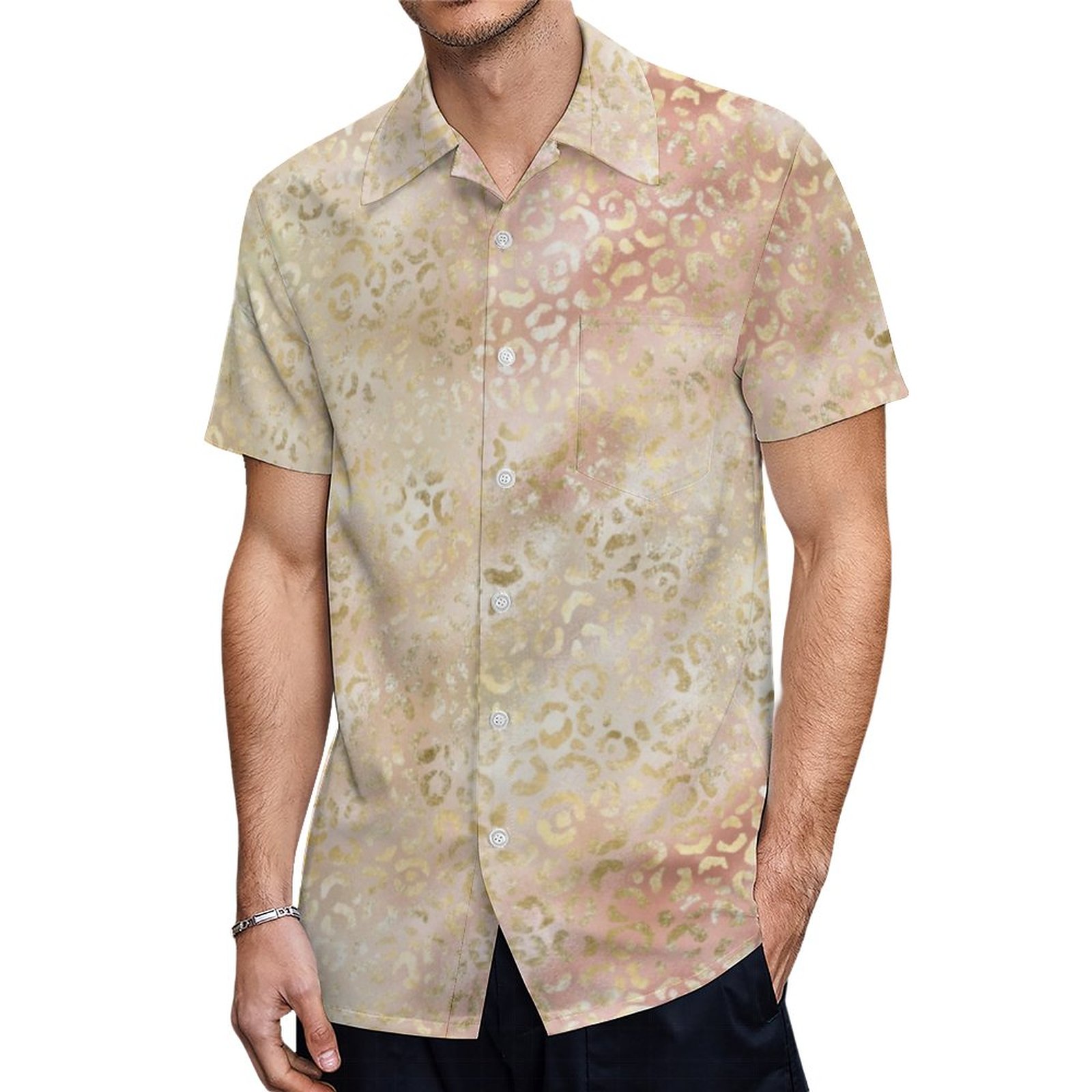 Glam Gold Rose Blush Pink Leopard Print Hawaiian Shirt Mens Button Down Plus Size Tropical Hawaii Beach Shirts