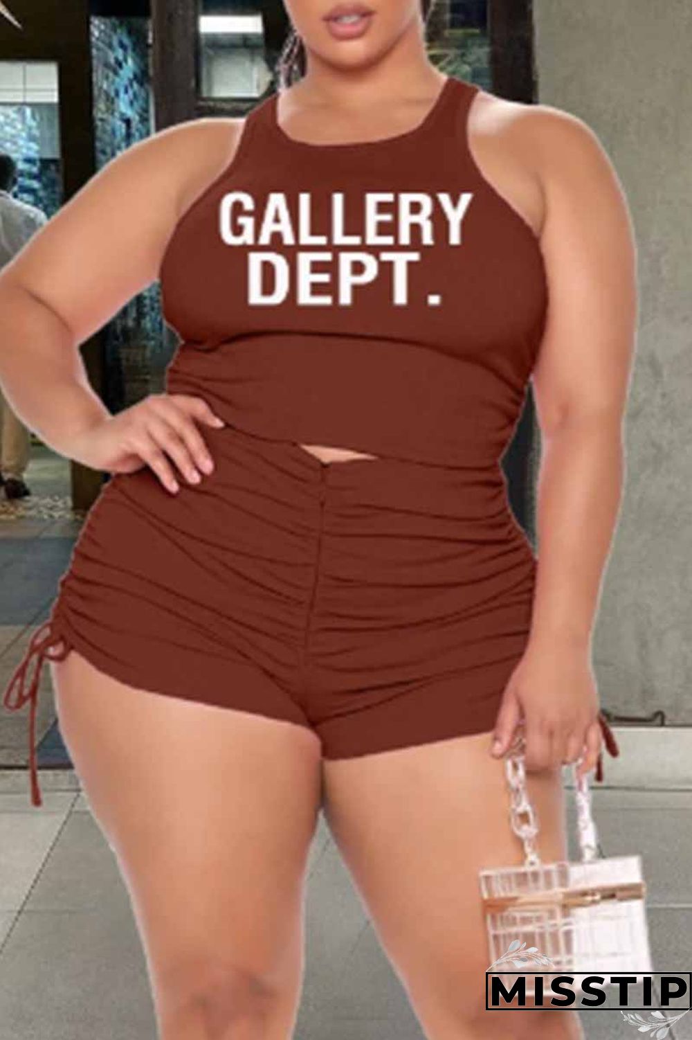 Green Sexy Print Fold Letter O Neck Plus Size Two Pieces
