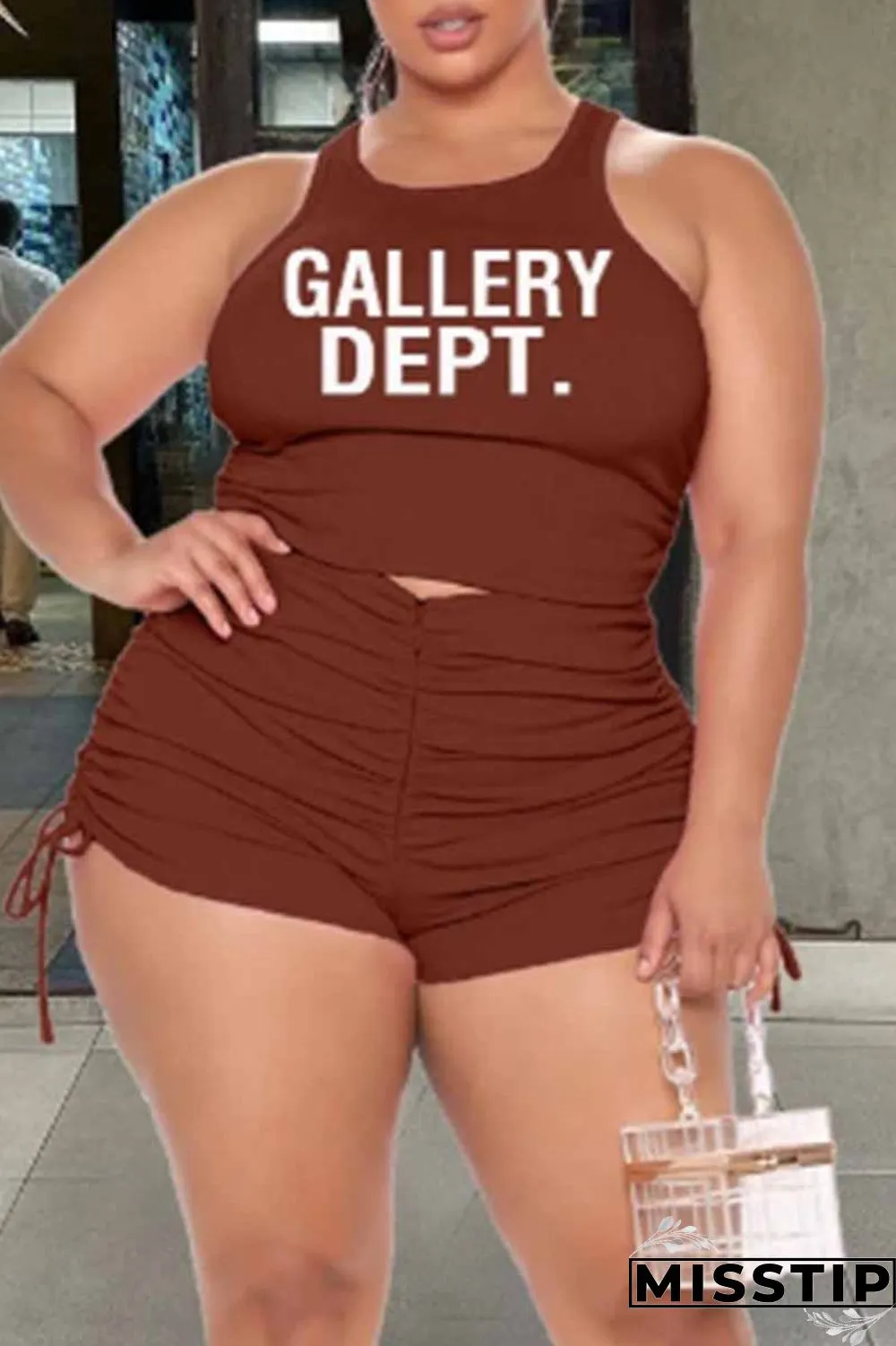 Green Sexy Print Fold Letter O Neck Plus Size Two Pieces