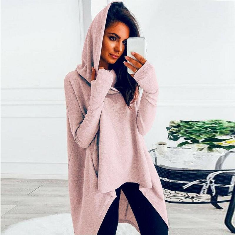 Solid Color Long-Sleeved Irregular Hooded Sweater
