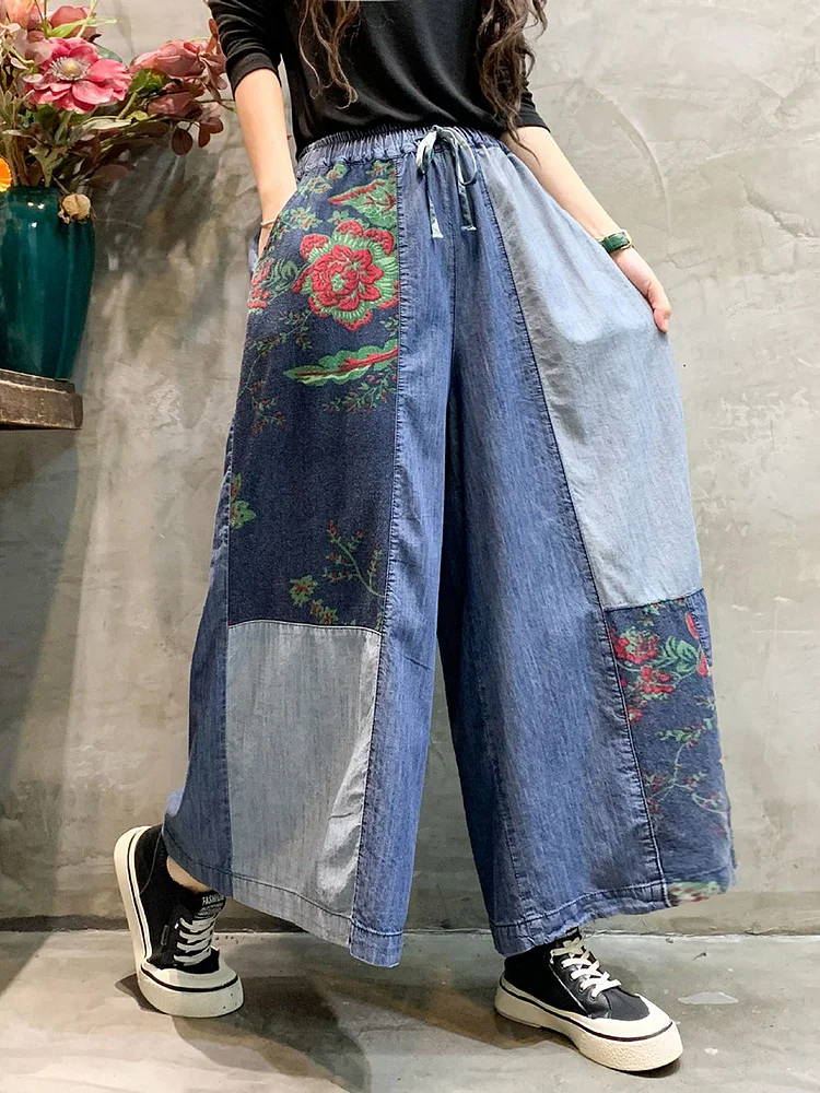 Women Retro Patch Splied Loose Wide-Leg Denim Pants