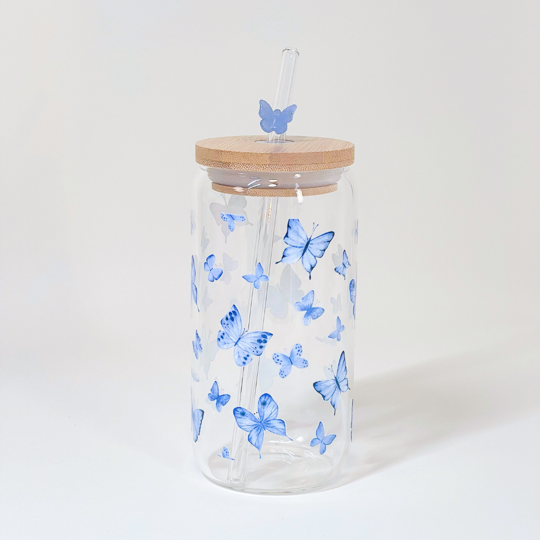 Maneifurui™   Blue Butterfly Glass Can