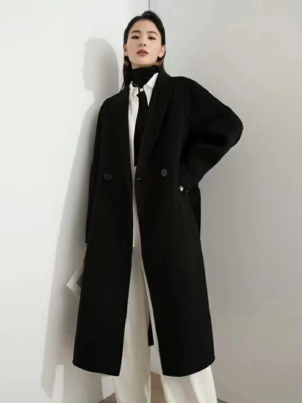 Office Belted Solid Color Notched Collar Wool Overcoat
