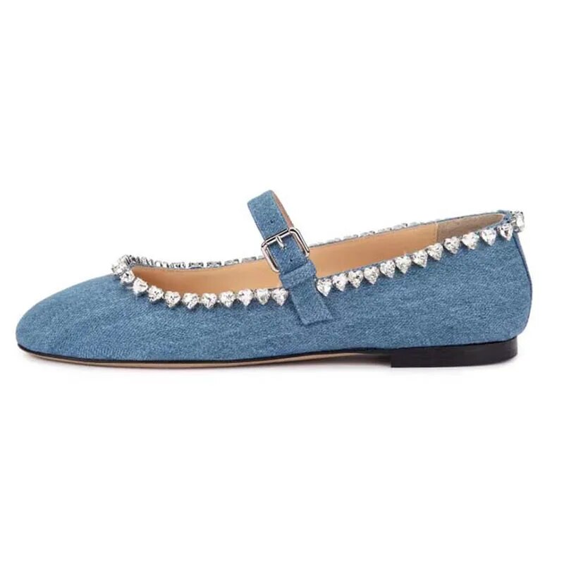 Blue Denim Ballet Dance Shoes Woman Round Blue Pink Satin Rhinestone Flats Female Party Shoes