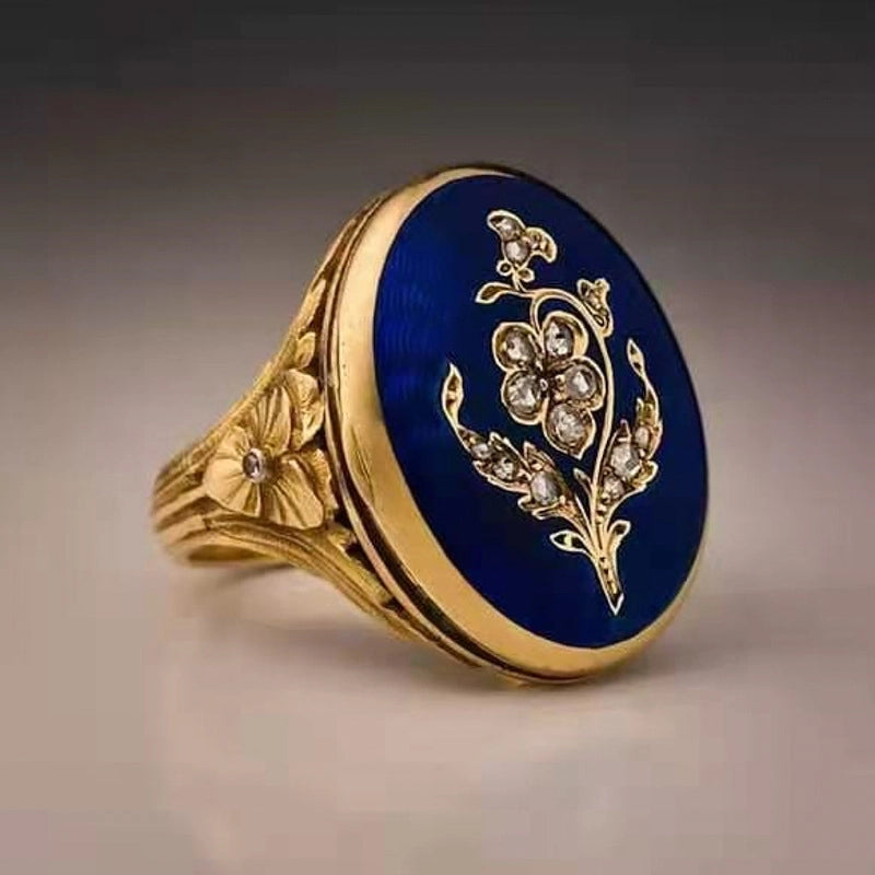 French Enamel Ring Art Nouveau Royal Style Rose Ring With Diamond