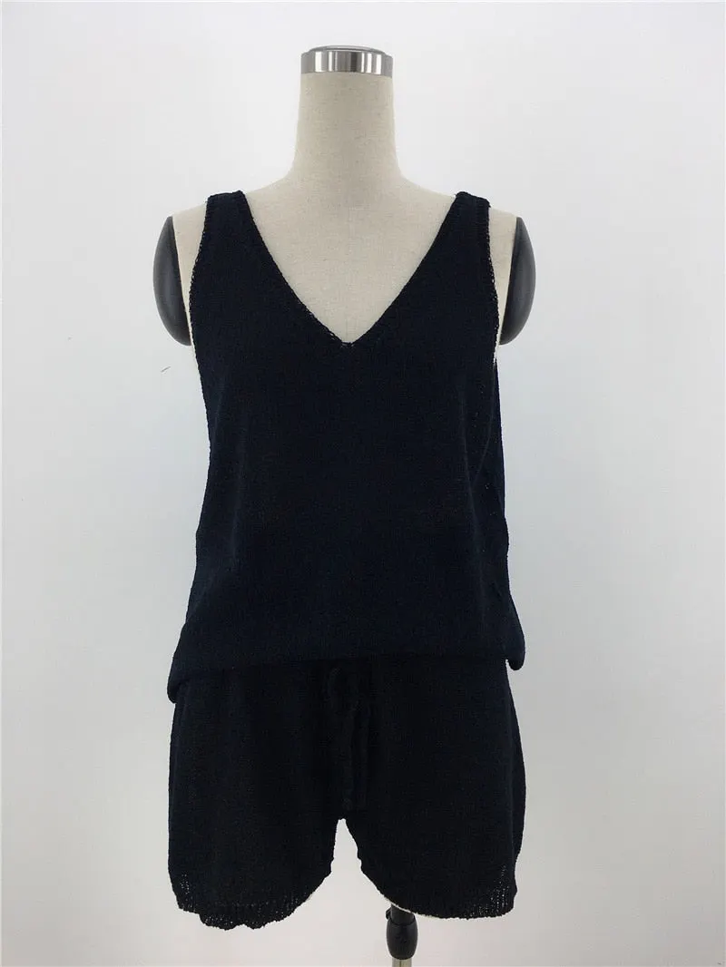 Fitshinling Bohemian Knit Women Matching Sets Loungewear Backless Tanks Tops Shorts Two Pieces Outfits Summer Holiday Suit Femme