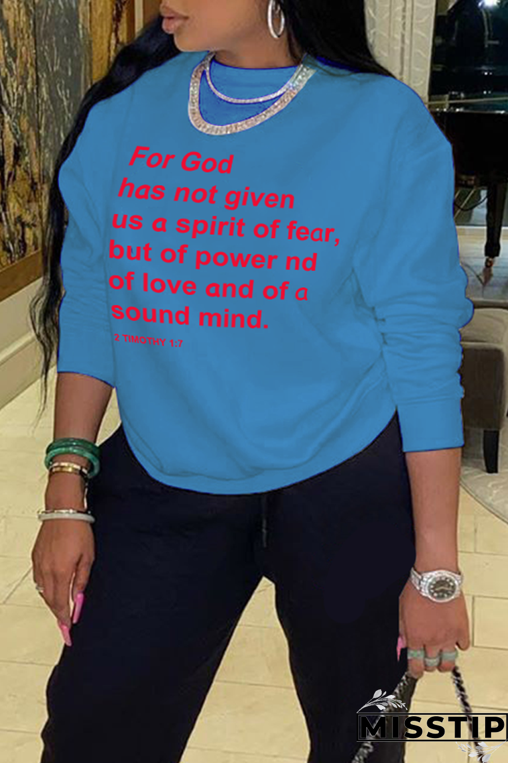 Blue Daily Print Letter O Neck Tops