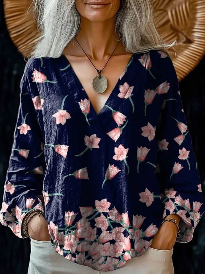 Women's Rose Flower Scatter Art Print Casual Cotton And Linen V-neck Shirt
