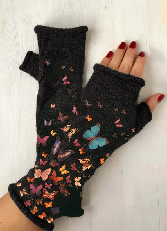 （Ship within 24 hours）Casual Butterfly print warm gloves