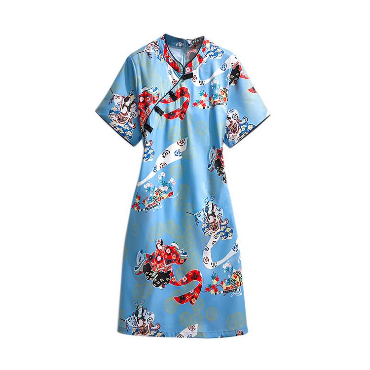 Chic Floral Print Button Cheongsam Dress - Modakawa modakawa