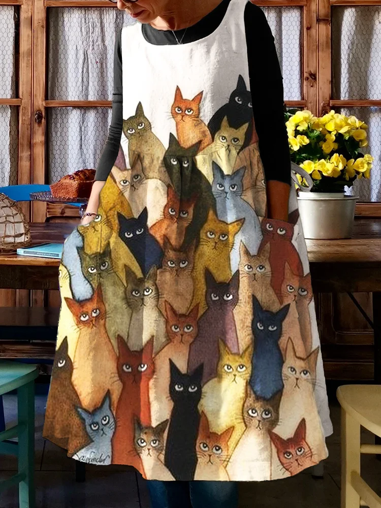 Funny Crowded Cats Art Pleated Apron