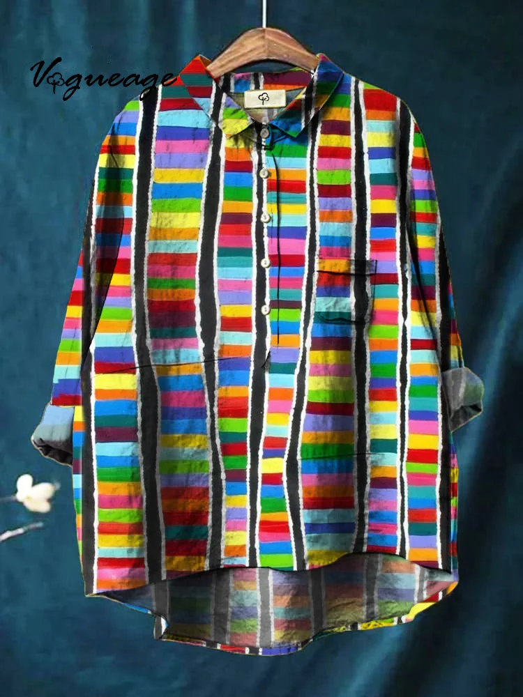 Stylish Color Horizontal Line Stitching Printed Cotton And Linen Shirt