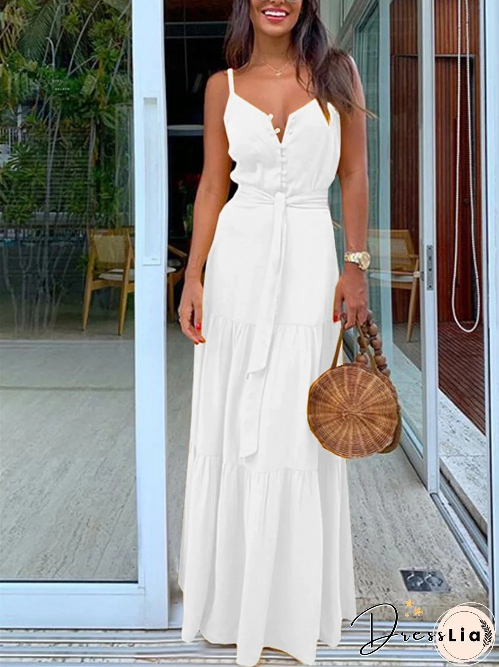 Temperament V-neck Medium Long Suspender Solid Color Dress