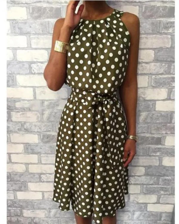 casual crew neck polka dot sleeveless plus size dress p94616