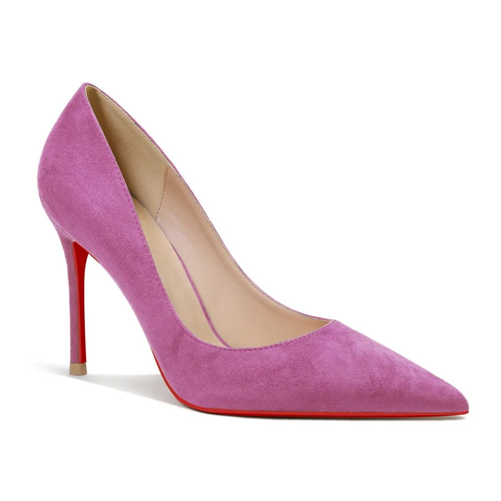 100mm Women's Stiletto Heels Classic Pointed Toe Red Bottom Pumps Suede Shoes-MERUMOTE