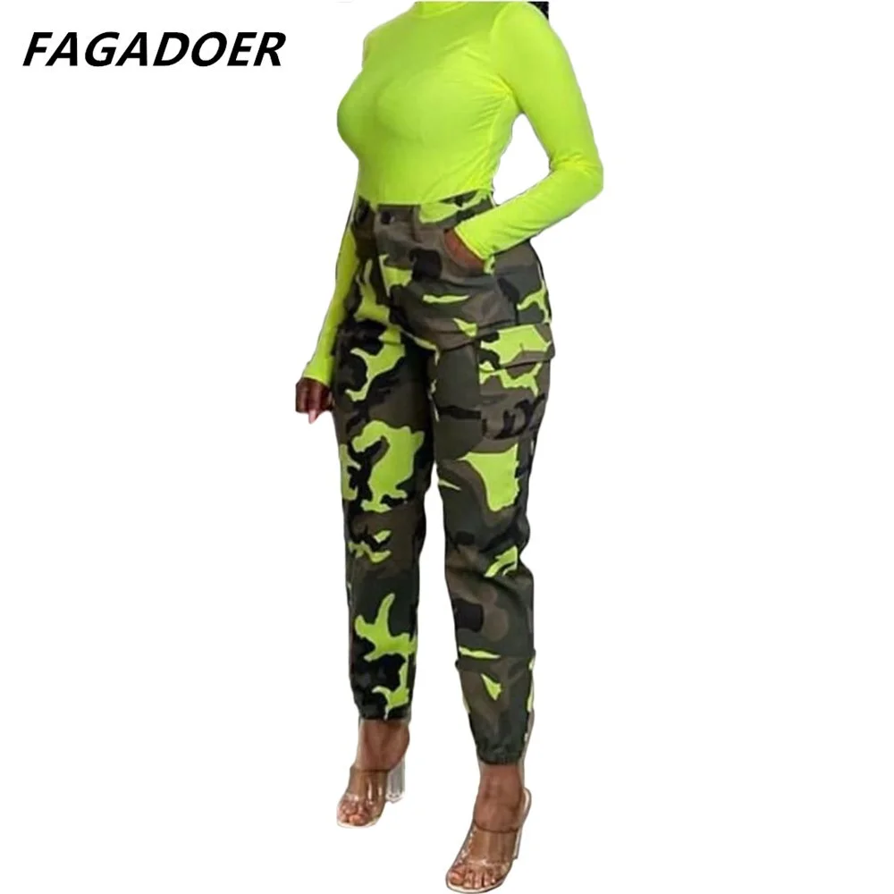 FAGADOER Camouflage Cargo Pants High Waist Stretchy Cool Girl Fashion Army Green Jeans Pants Women 2021 Autumn Streetwear