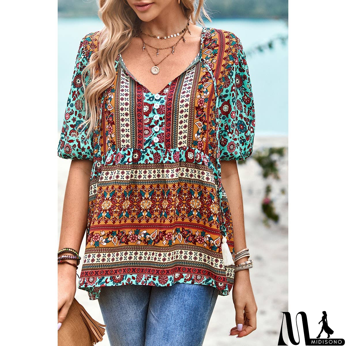 MidiSono - Floral Print Button Deep V Color Block Loose Fit Top