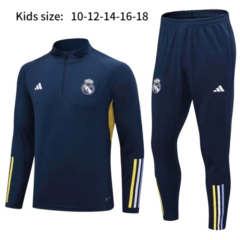 23-24 Kids Real Madrid Half Zipper Long Sleeved Royal Blue Training Suit