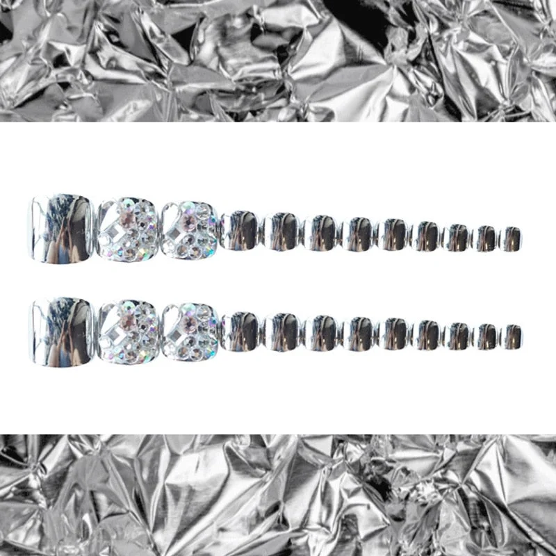 24pcs Silver Punk Fake Nails Press on Foot Nails Artificial Toe Nails Fully Covered With Diamonds 2020 New Design Manicure